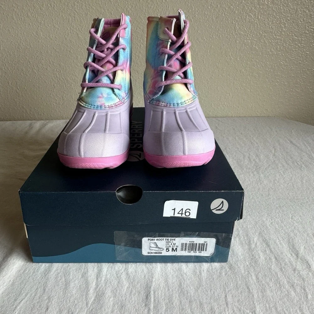 Sperry Port Boot Rain Weather Duck Boots Tie Dye Pastel Rainbow New In Box 5Y